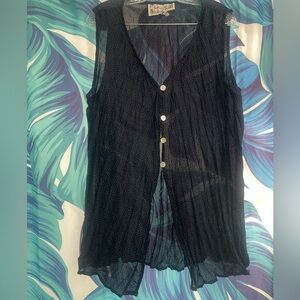 Navy Sheer Button-Down Top